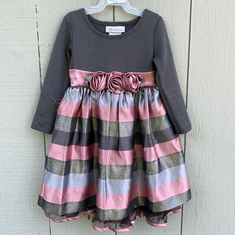 Bonnie Jean 3T girl gray/pink rose Rayon blend dress metallic blend shirt